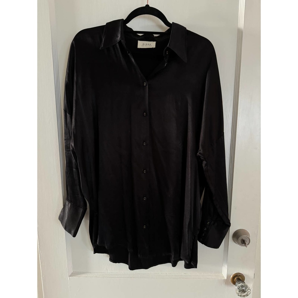 DISSH Black Satin Button-Up Blouse